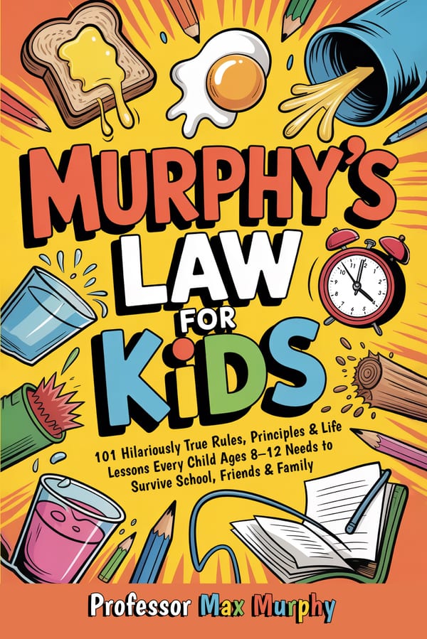 Cover of Murphy's Law for Kids by Professor Max Murphy: a bright yellow cover with buttery toast, a fried egg, a spilled drink and an alarm clock flying around the title