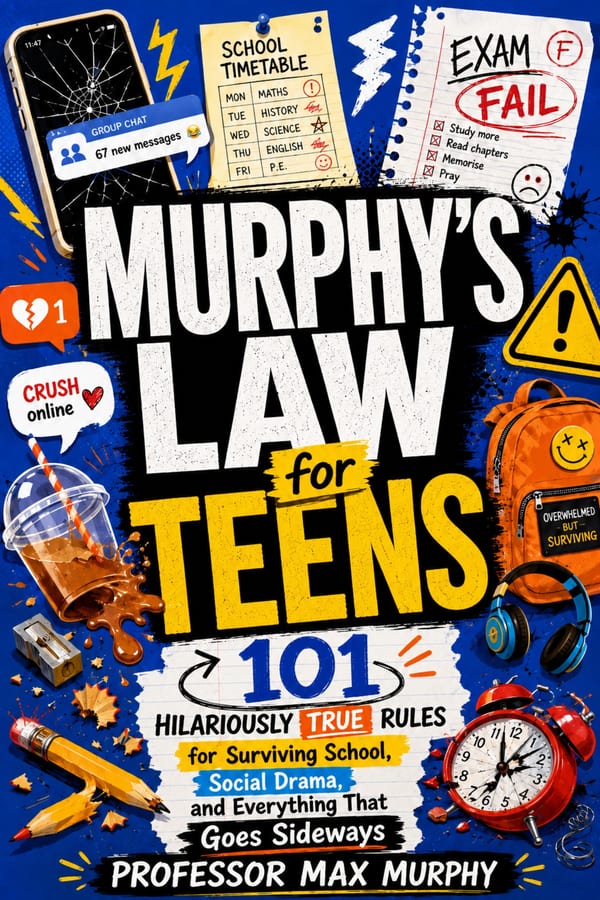 Cover of Murphy's Law for Teens by Professor Max Murphy: a blue cover with a cracked phone, an exam marked FAIL, a school timetable and a ringing alarm clock